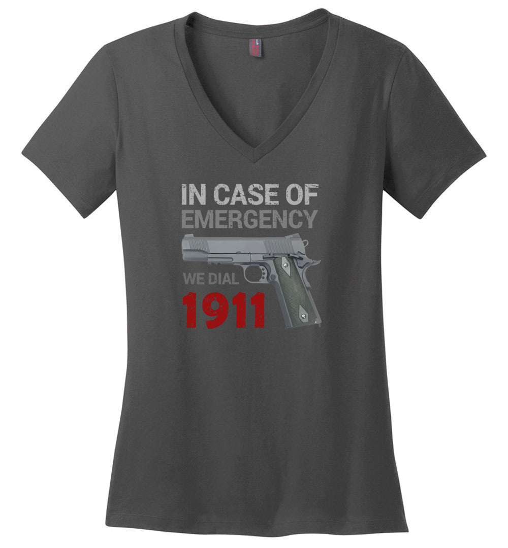 In Case of Emergency We Dial 1911 Pro Gun Women's V-Neck T-Shirt - Charcoal