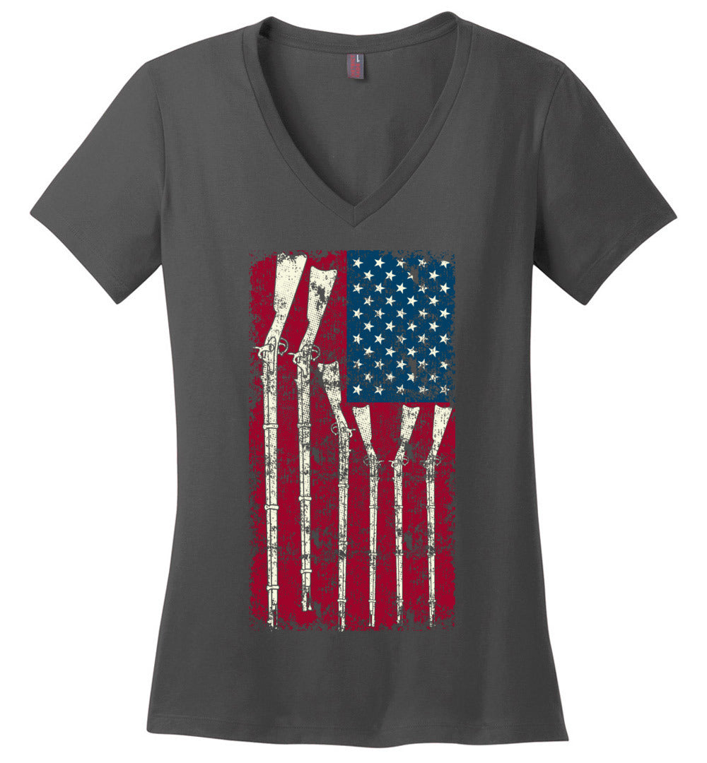 American Flag with Guns - 2nd Amendment Women's V-Neck T Shirts - Dark Grey