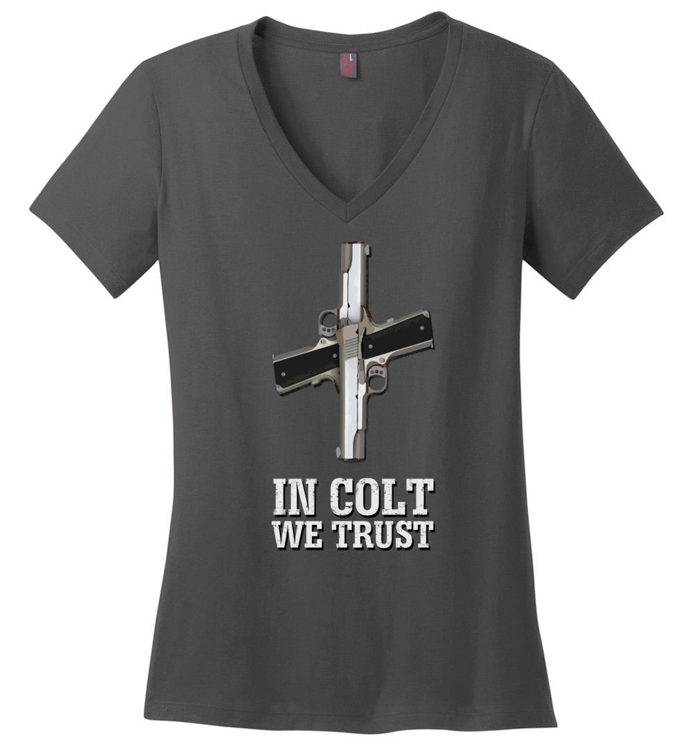 In Colt We Trust - Women's Pro Gun Clothing - Dark Grey V-Neck T-Shirt