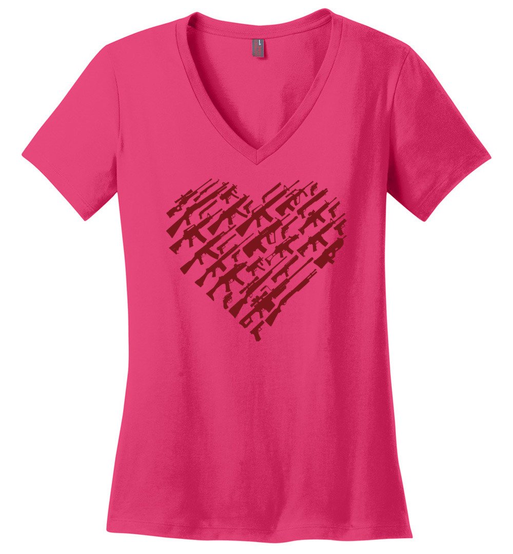 I Love Guns, Heart Made of Guns - Women's V-Neck T Shirt - Pink