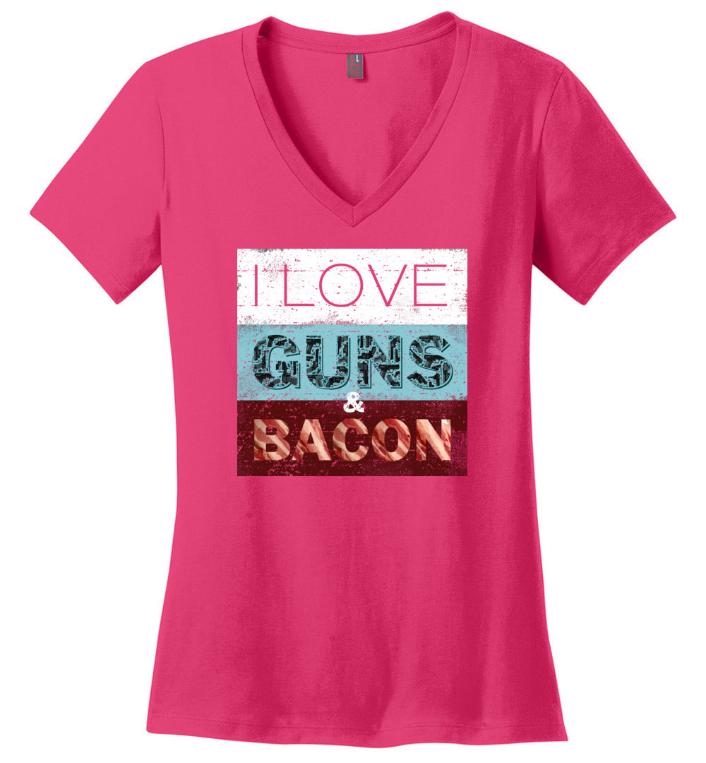 I Love Guns & Bacon - Women's Pro Firearms Apparel - Dark Fuchsia V-Neck T-Shirt