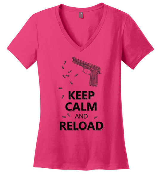 Keep Calm and Reload - Pro Gun Women's V-Neck Tshirt - Pink