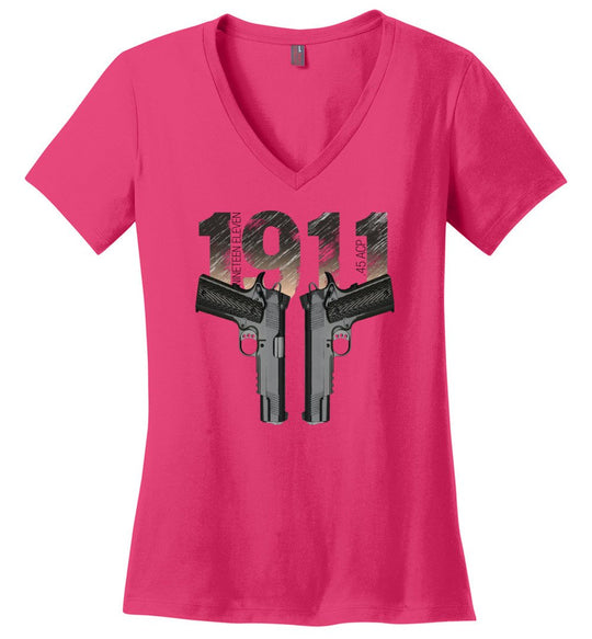 Colt 1911 Handgun 2nd Amendment Women's V-Neck Tee - Dark Fuchsia