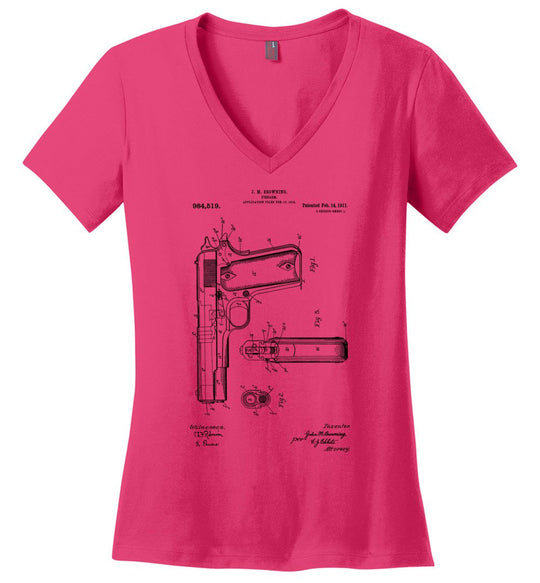 Colt Browning 1911 Handgun Patent Women's V-Neck Tshirt -  Dark Fuchsia