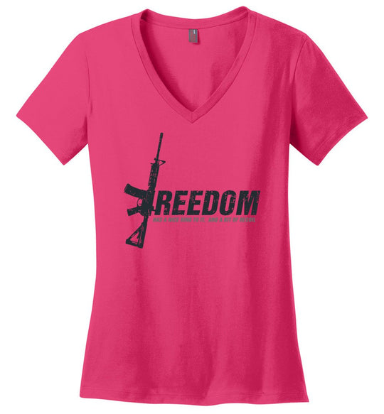 Freedom Has a Nice Ring to It. And a Bit of Recoil - Women's Pro Gun Clothing - Pink V-Neck T Shirt