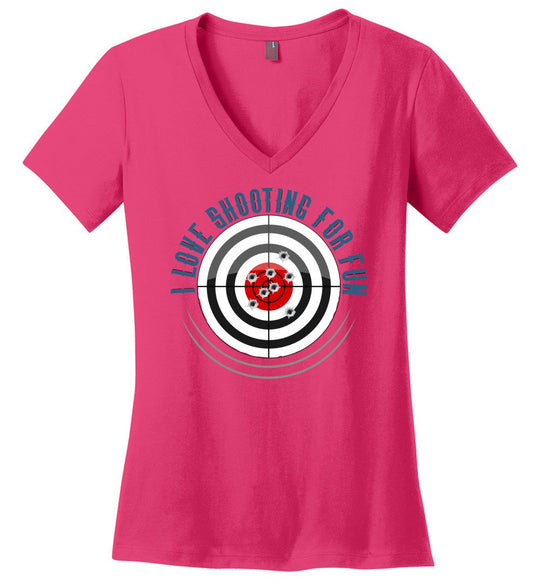 I Love Shooting for Fun - Women's Pro Gun Apparel - Dark Fuchsia V-Neck T Shirts