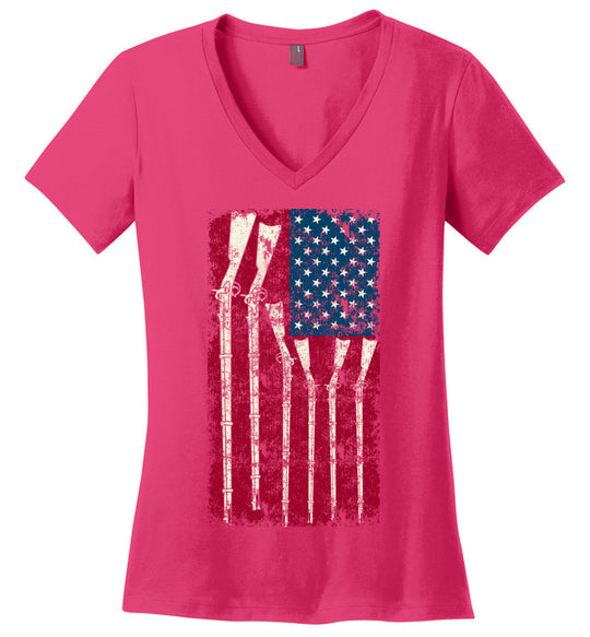 American Flag with Guns - 2nd Amendment Women's V-Neck T Shirts - Pink