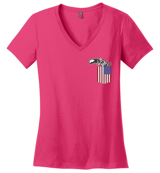 Gun in the Pocket, USA Flag-2nd Amendment Ladies V-Neck T Shirts-Pink