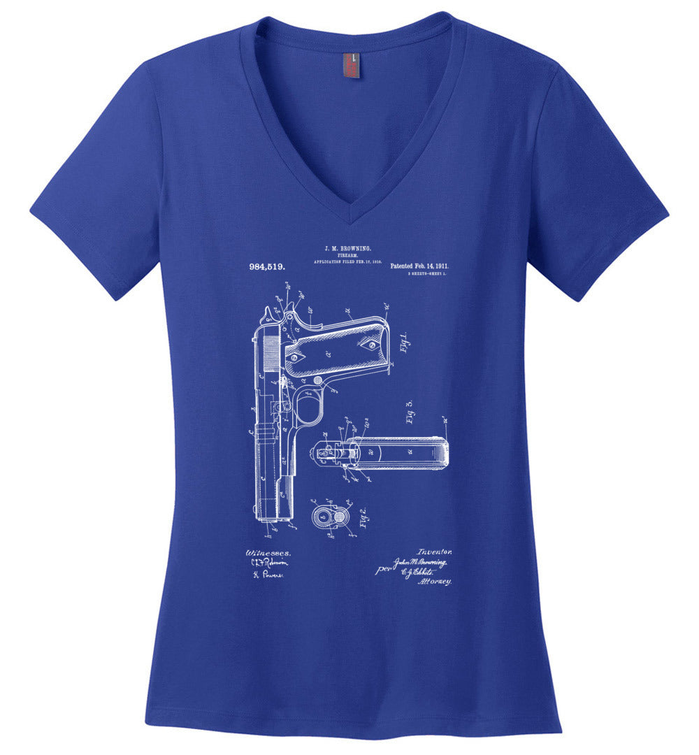 Colt Browning 1911 Handgun Patent Women's V-Neck Tshirt - Blue