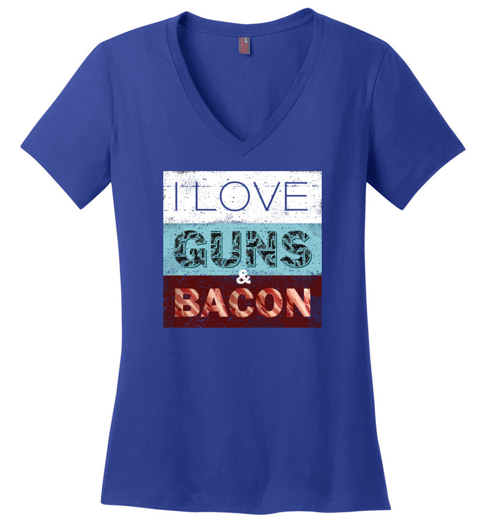 I Love Guns & Bacon - Women's Pro Firearms Apparel - Blue V-Neck T-Shirt