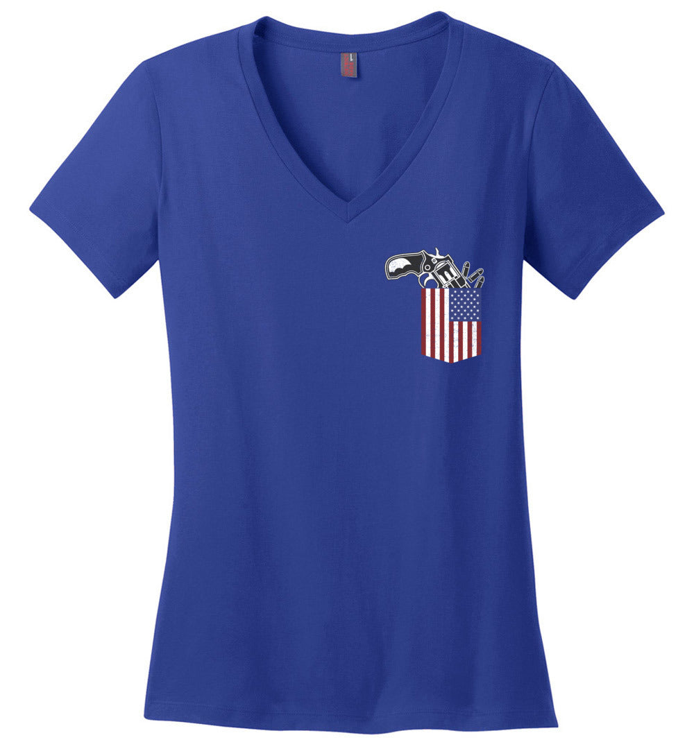 Gun in the Pocket, USA Flag-2nd Amendment Ladies V-Neck T Shirts-Blue