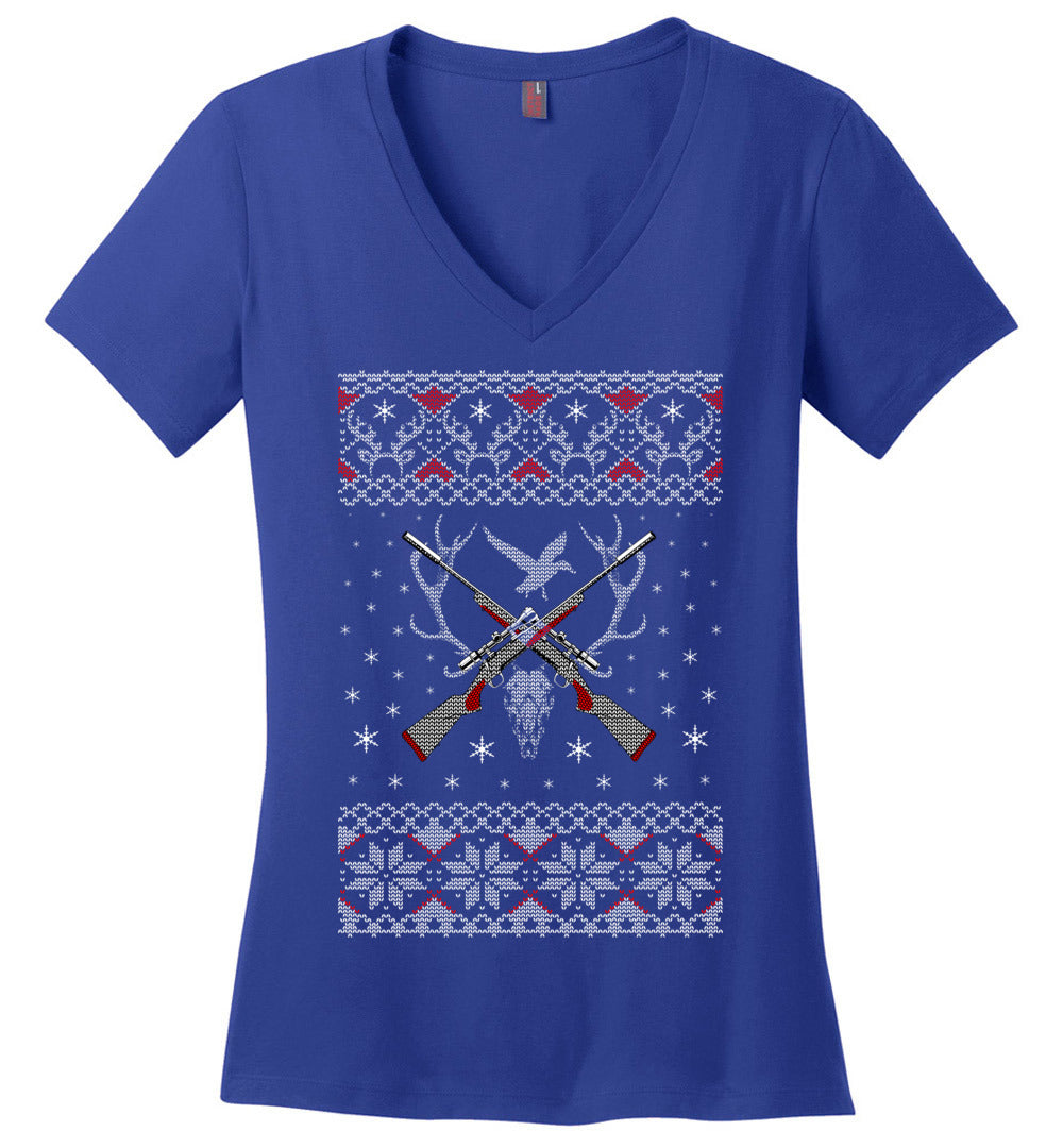 Hunting Ugly Christmas Sweater - Ladies V-Neck Tshirt - Blue