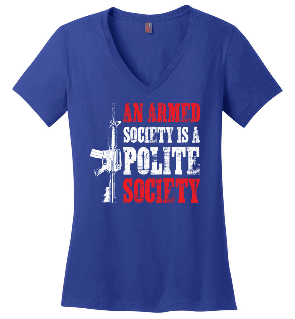 An Armed Society is a Polite Society - Shooting Ladies V-Neck Tshirt - Blue