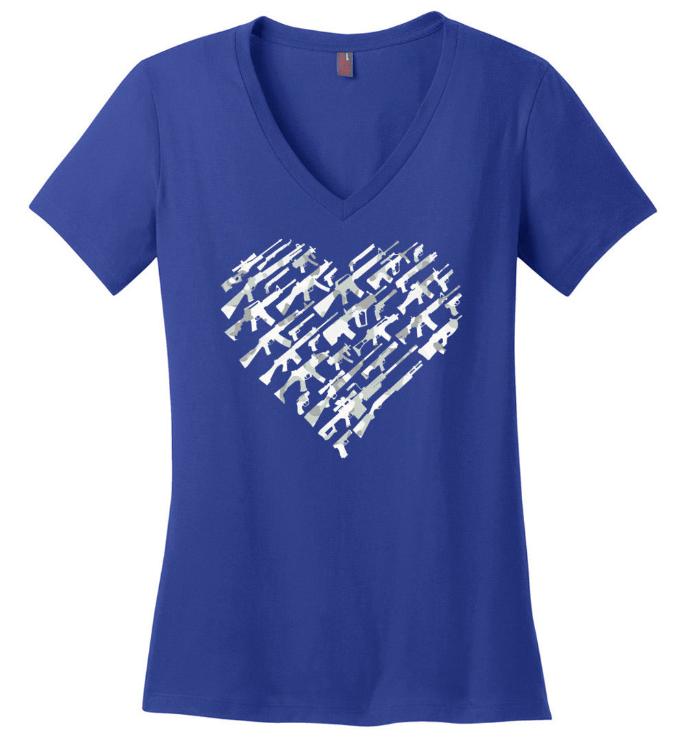 I Love Guns, Heart Made of Guns - Women's V-Neck T Shirt - Blue