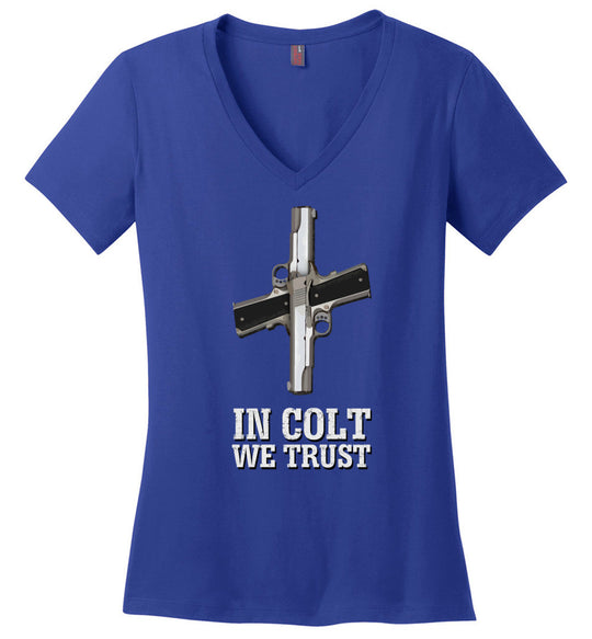 In Colt We Trust - Women's Pro Gun Clothing - Blue V-Neck T-Shirt