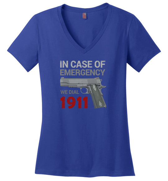 In Case of Emergency We Dial 1911 Pro Gun Women's V-Neck T-Shirt - Blue