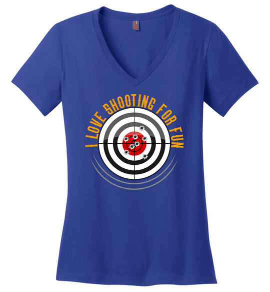 I Love Shooting for Fun - Women's Pro Gun Apparel - Blue V-Neck T Shirts