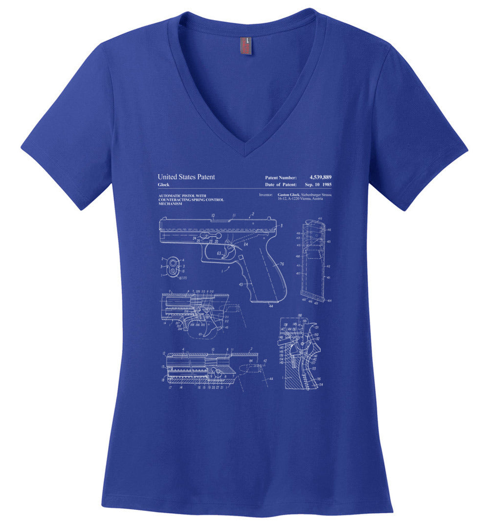 Glock Handgun Patent Women's V-Neck T Shirts - Blue