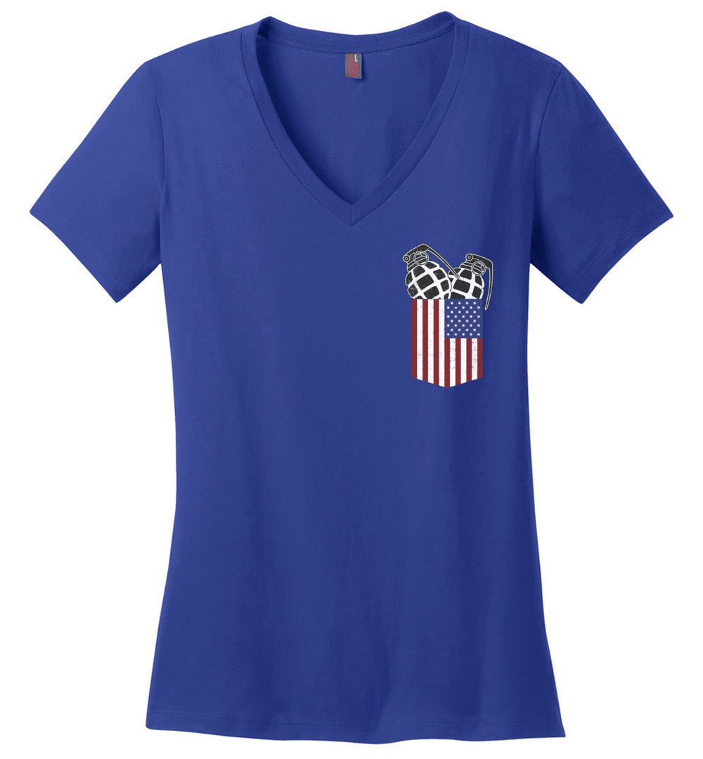Pocket With Grenades Ladies 2nd Amendment V-Neck T-Shirt - Blue