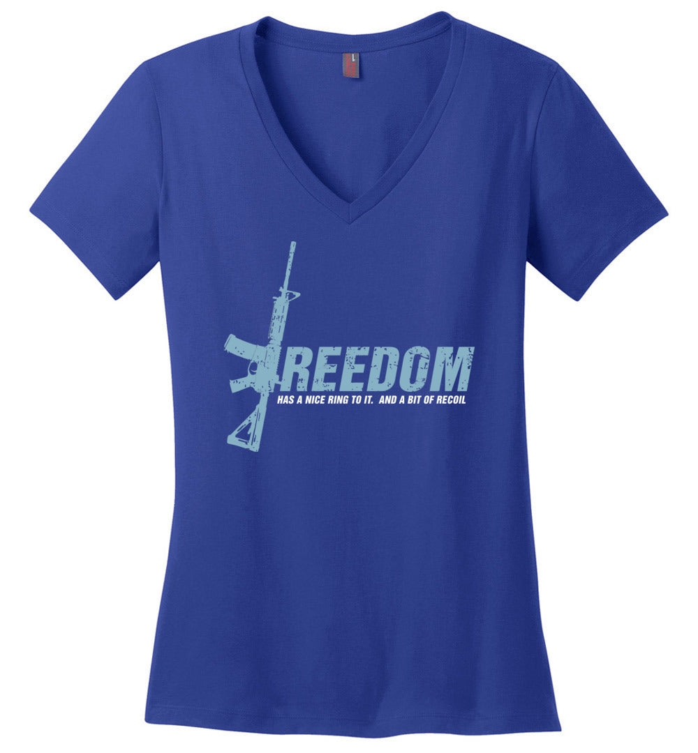 Freedom Has a Nice Ring to It. And a Bit of Recoil - Women's Pro Gun Clothing - Blue V-Neck T Shirt