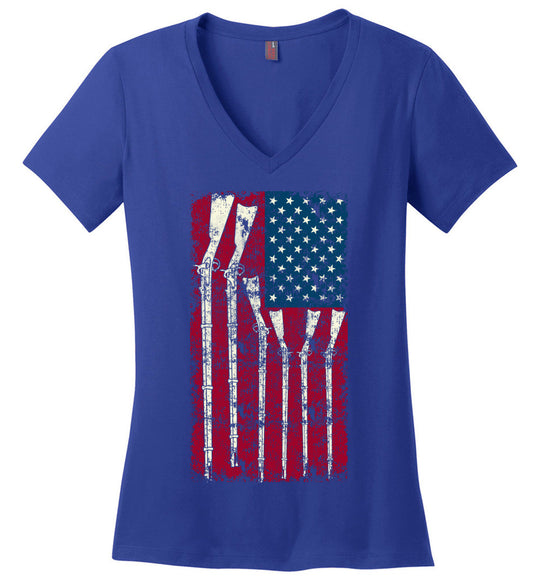 American Flag with Guns - 2nd Amendment Women's V-Neck T Shirts - Blue
