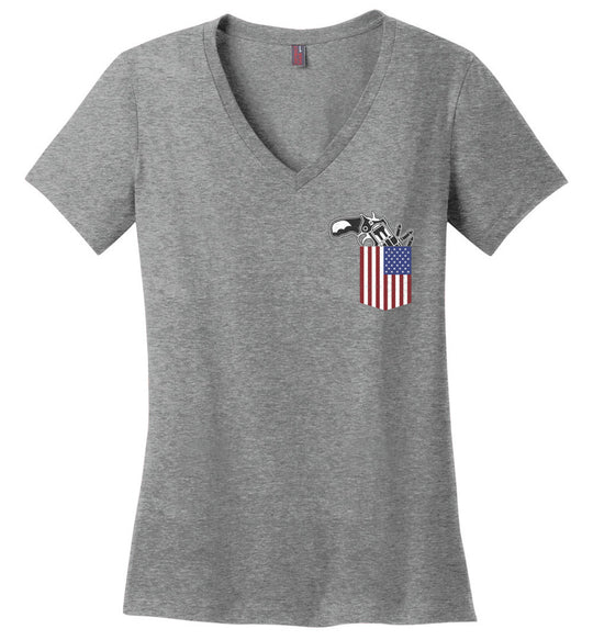Gun in the Pocket, USA Flag-2nd Amendment Ladies V-Neck T Shirts-Heathered Nickel