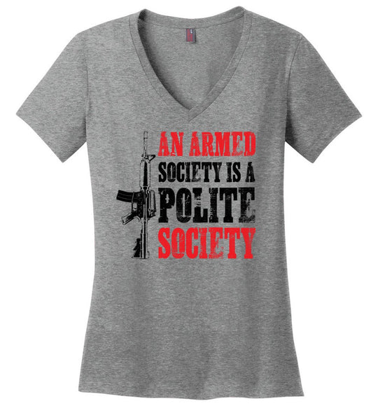 An Armed Society is a Polite Society - Shooting Ladies V-Neck Tshirt - Heathered Nickel