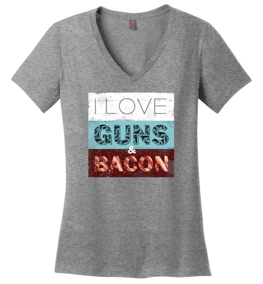 I Love Guns & Bacon - Women's Pro Firearms Apparel - Heathered Nickel V-Neck T-Shirt