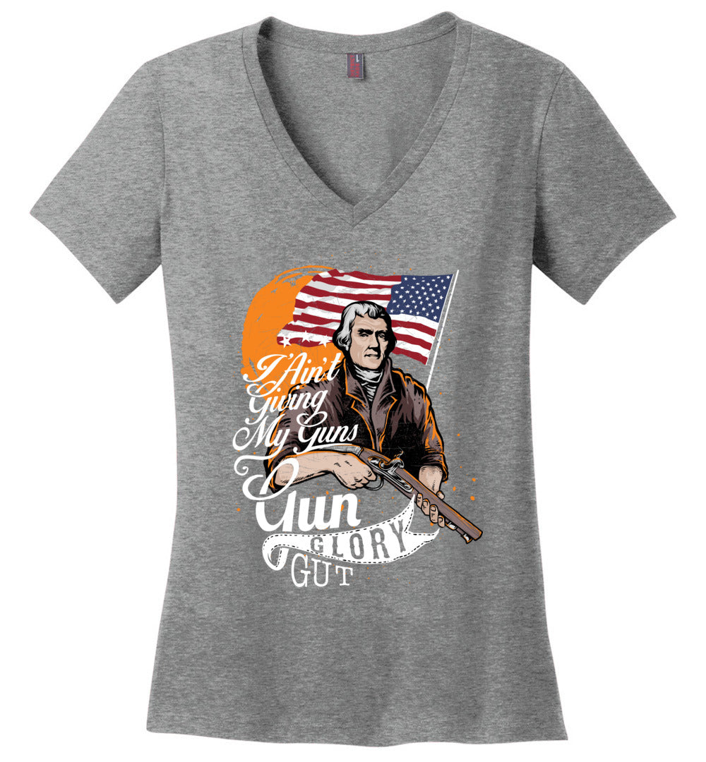 I Ain't Giving My Guns - Ladies 2nd Amendment V-Neck T-shirts - Heathered Nickel