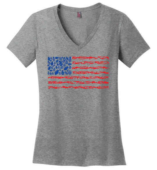 American Flag Made of Guns 2nd Amendment Women’s V-Neck Tee - Heathered Nickel
