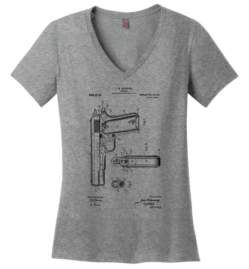 Colt Browning 1911 Handgun Patent Women's V-Neck Tshirt -  Heathered Nickel