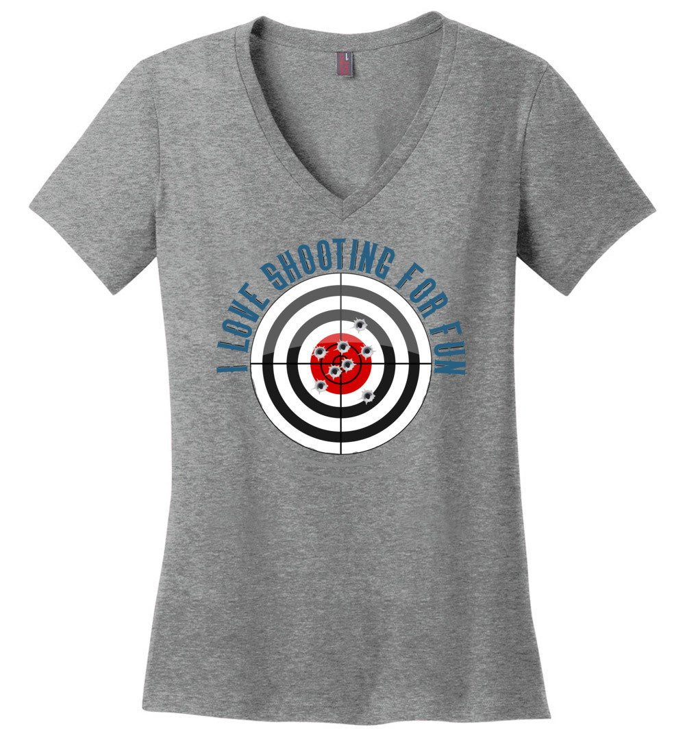 I Love Shooting for Fun - Women's Pro Gun Apparel - Heathered Nickel V-Neck T Shirts