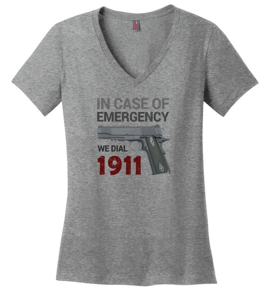 In Case of Emergency We Dial 1911 Pro Gun Women's V-Neck T-Shirt - Grey