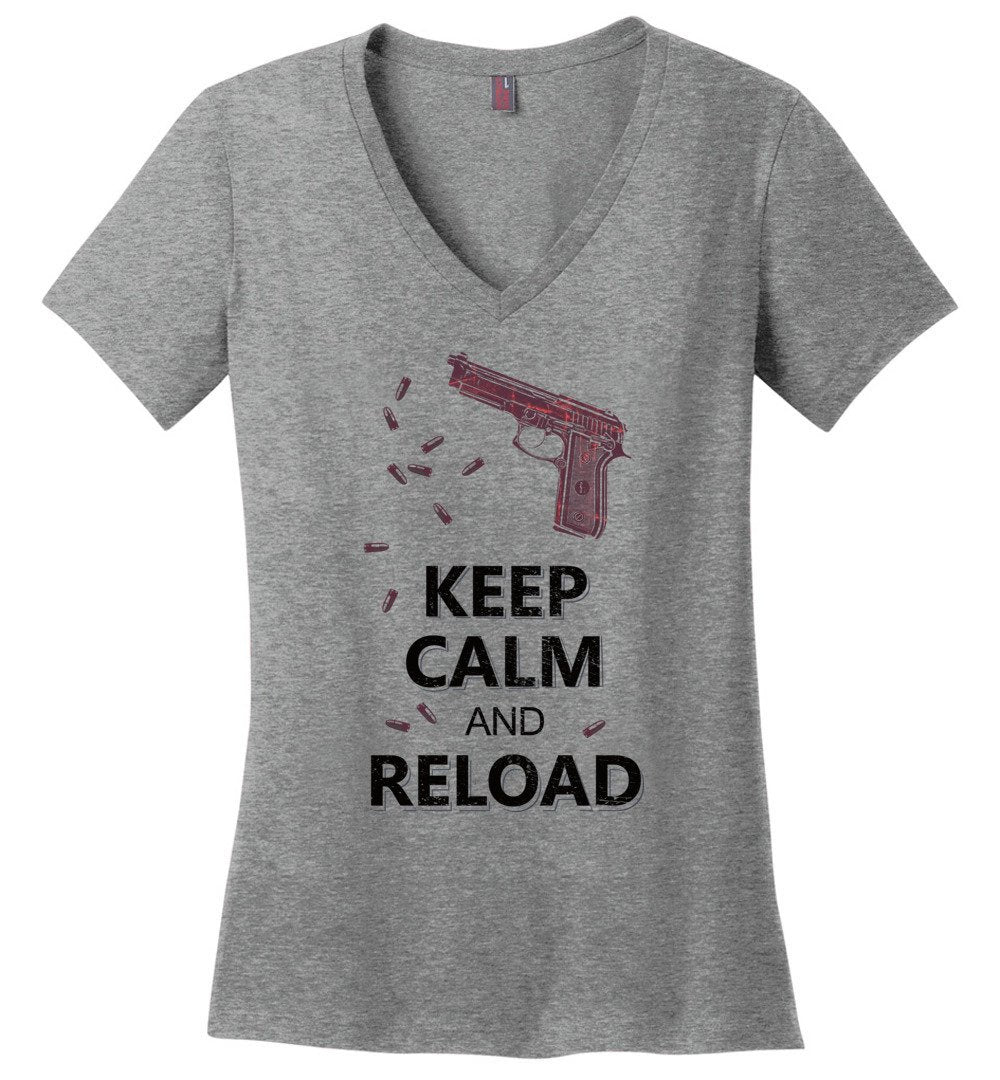 Keep Calm and Reload - Pro Gun Women's V-Neck Tshirt - Heathered Nickel