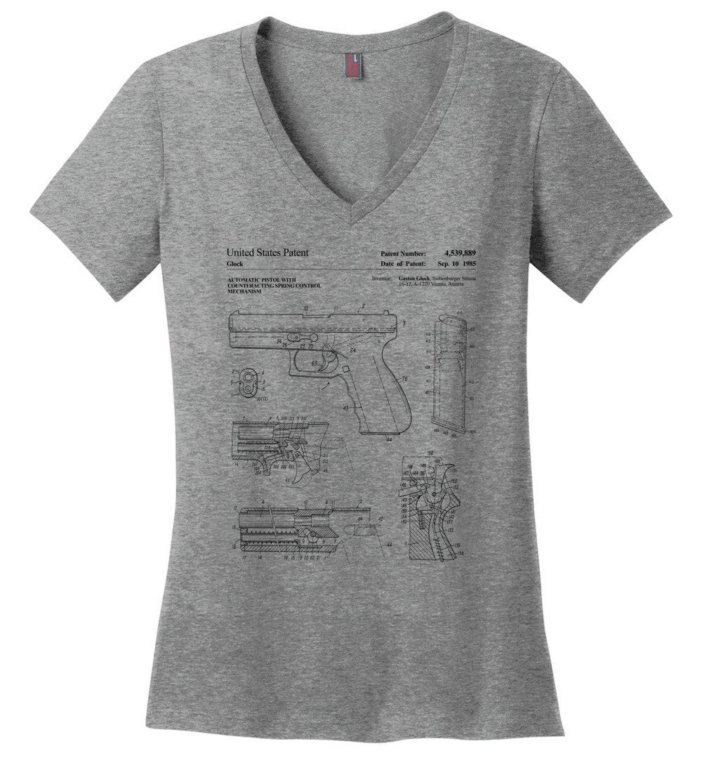Glock Handgun Patent Women's V-Neck T Shirts - Heathered Nickel