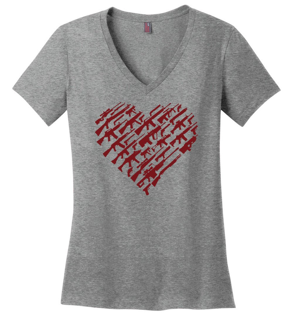 I Love Guns, Heart Made of Guns - Women's V-Neck T Shirt - Heathered Nickel