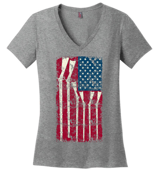 American Flag with Guns - 2nd Amendment Women's V-Neck T Shirts - Heathered Nickel