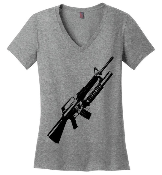 M16A2 Rifles with M203 Grenade Launcher - Pro Gun Tactical Ladies V-Neck Tee - Heathered Nickel