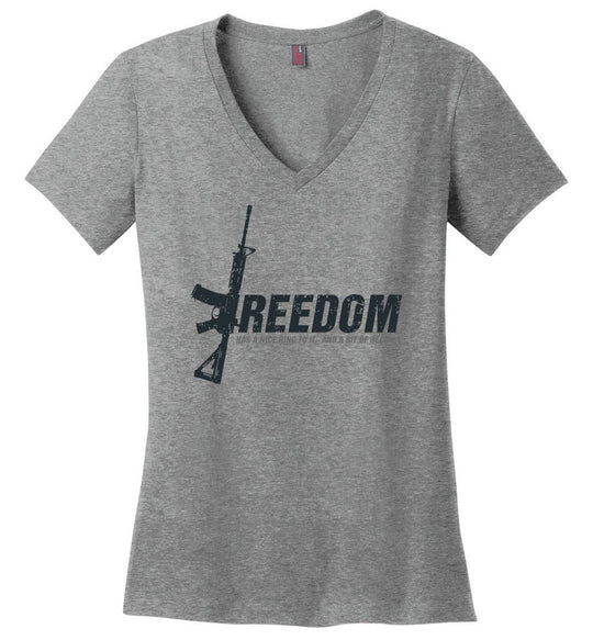 Freedom Has a Nice Ring to It. And a Bit of Recoil - Women's Pro Gun Clothing - Heathered Nickel V-Neck T Shirt