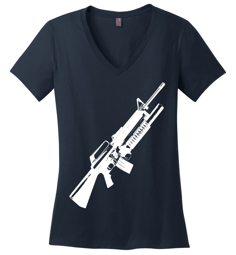 M16A2 Rifles with M203 Grenade Launcher - Pro Gun Tactical Ladies V-Neck Tee - Navy
