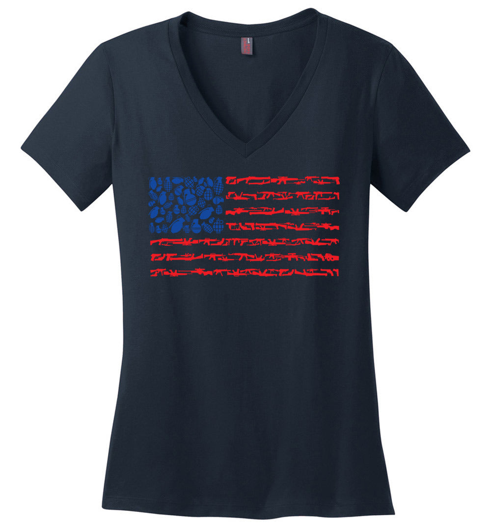 American Flag Made of Guns 2nd Amendment Women’s V-Neck Tee - Navy