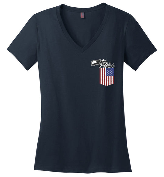 Gun in the Pocket, USA Flag-2nd Amendment Ladies V-Neck T Shirts-Navy