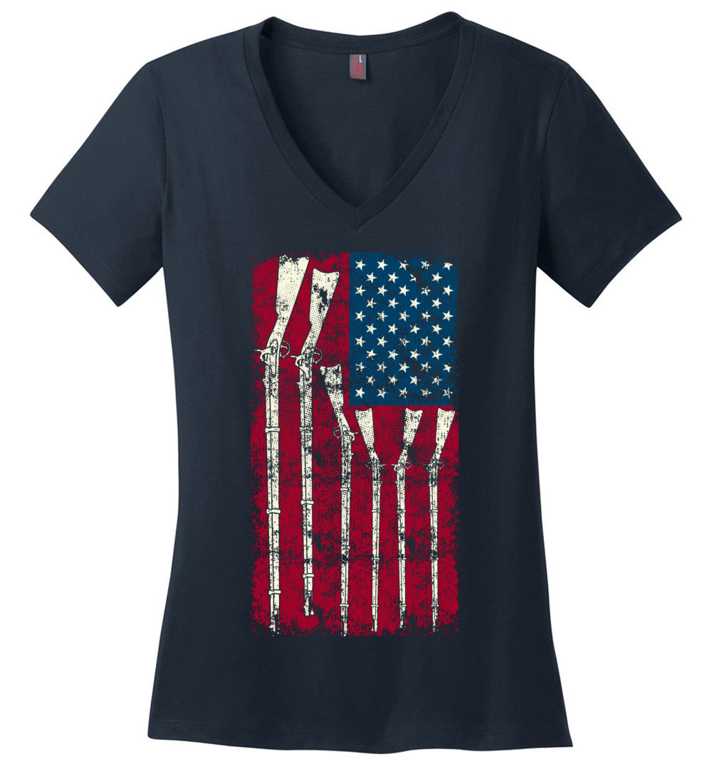 American Flag with Guns - 2nd Amendment Women's V-Neck T Shirts - Navy