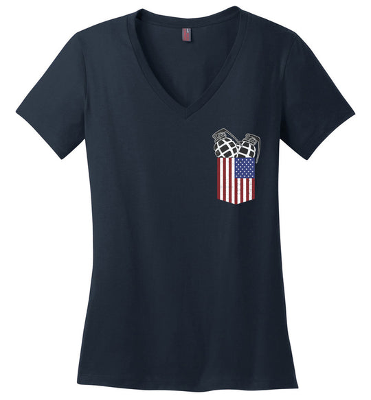 Pocket With Grenades Ladies 2nd Amendment V-Neck T-Shirt - Navy