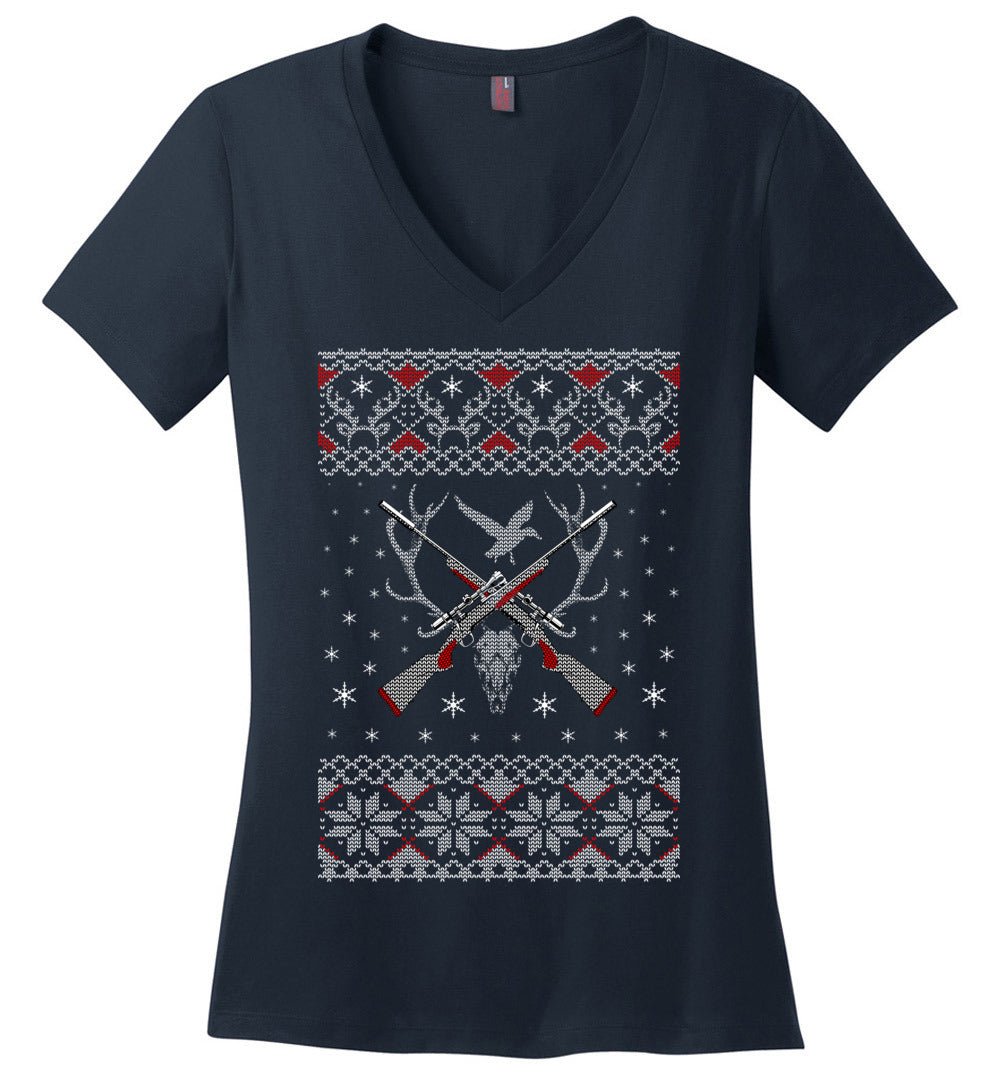 Hunting Ugly Christmas Sweater - Ladies V-Neck Tshirt - Navy