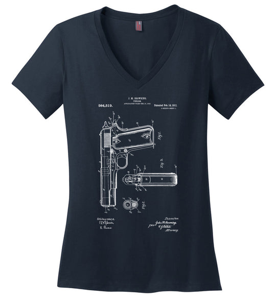 Colt Browning 1911 Handgun Patent Women's V-Neck Tshirt - Navy