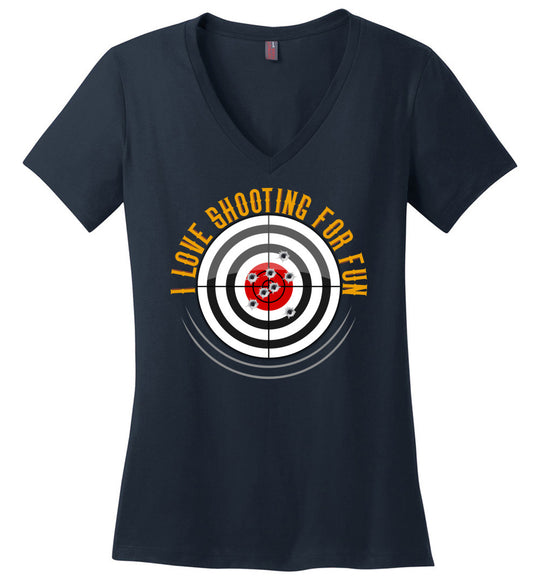 I Love Shooting for Fun - Women's Pro Gun Apparel - Navy V-Neck T Shirts