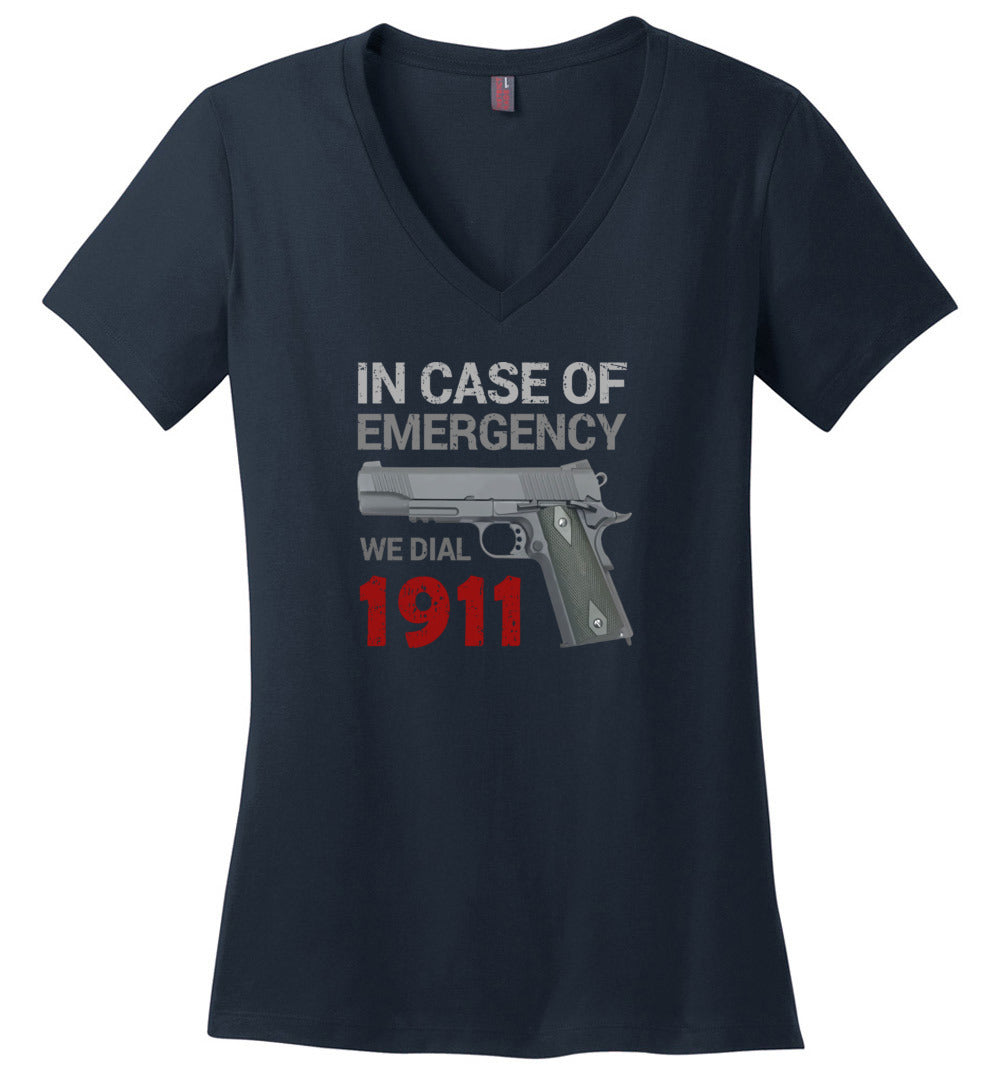 In Case of Emergency We Dial 1911 Pro Gun Women's V-Neck T-Shirt - Navy