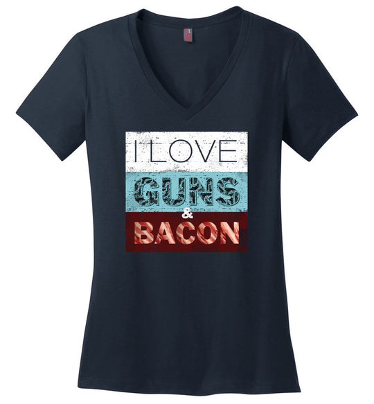 I Love Guns & Bacon - Women's Pro Firearms Apparel - Navy V-Neck T-Shirt