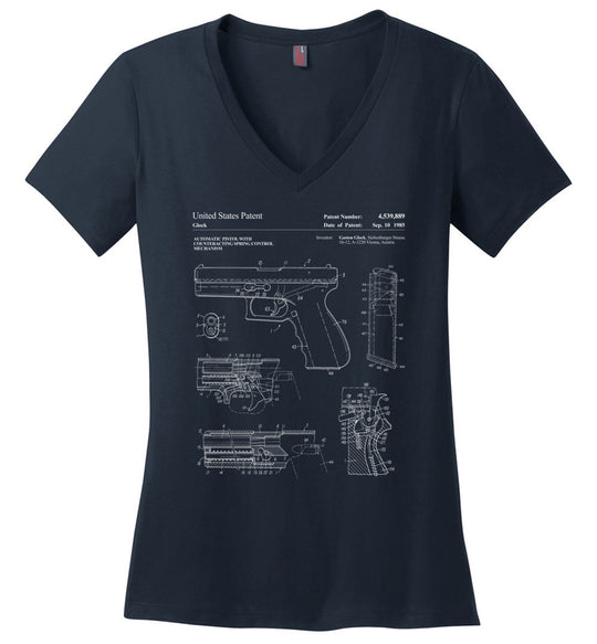Glock Handgun Patent Women's V-Neck T Shirts - Navy